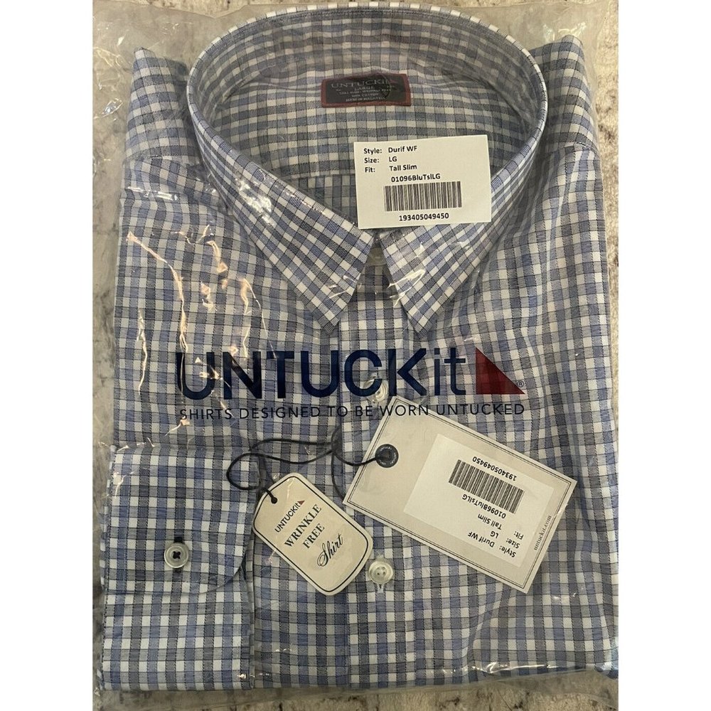 NWT UNTUCKit Durif • Wrinkle Free | Button Up • Blue Check | Men's L • Tall Slim